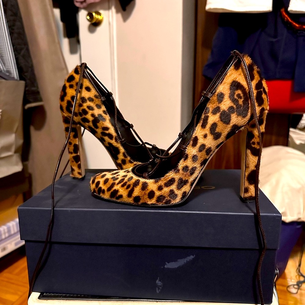 Brian Atwood Animal Print Lace-Up Heeled Pumps